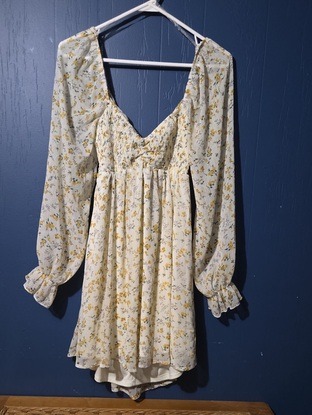 Yellow Floral Long-Sleeve Smocked Mini Dress